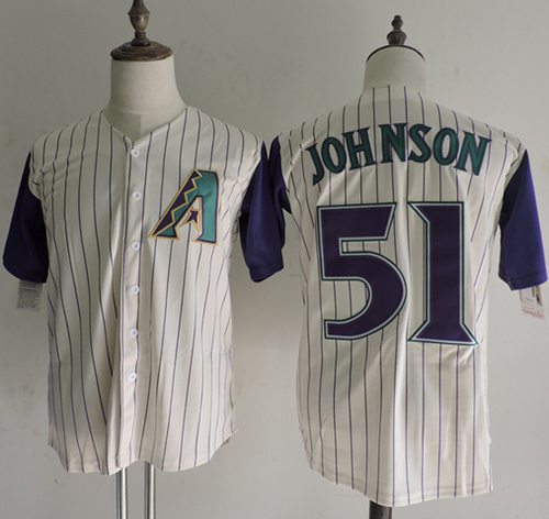 Mitchell And Ness Diamondbacks #51 Randy Johnson Cream Strip Throwback Stitched MLB Jersey